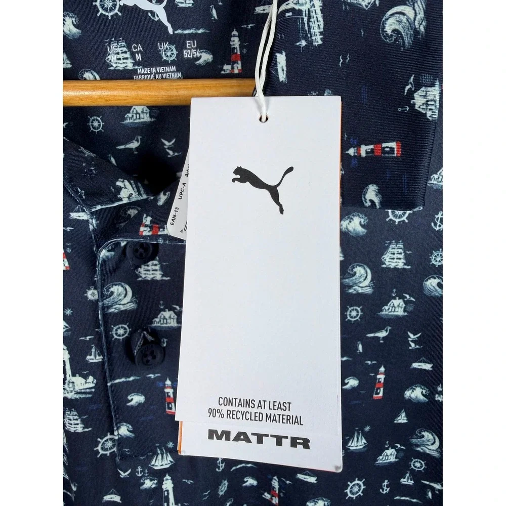 NWT Puma Golf Mens Medium MATTR Lighthouse Polo Navy Blue Nautical Print Shirt